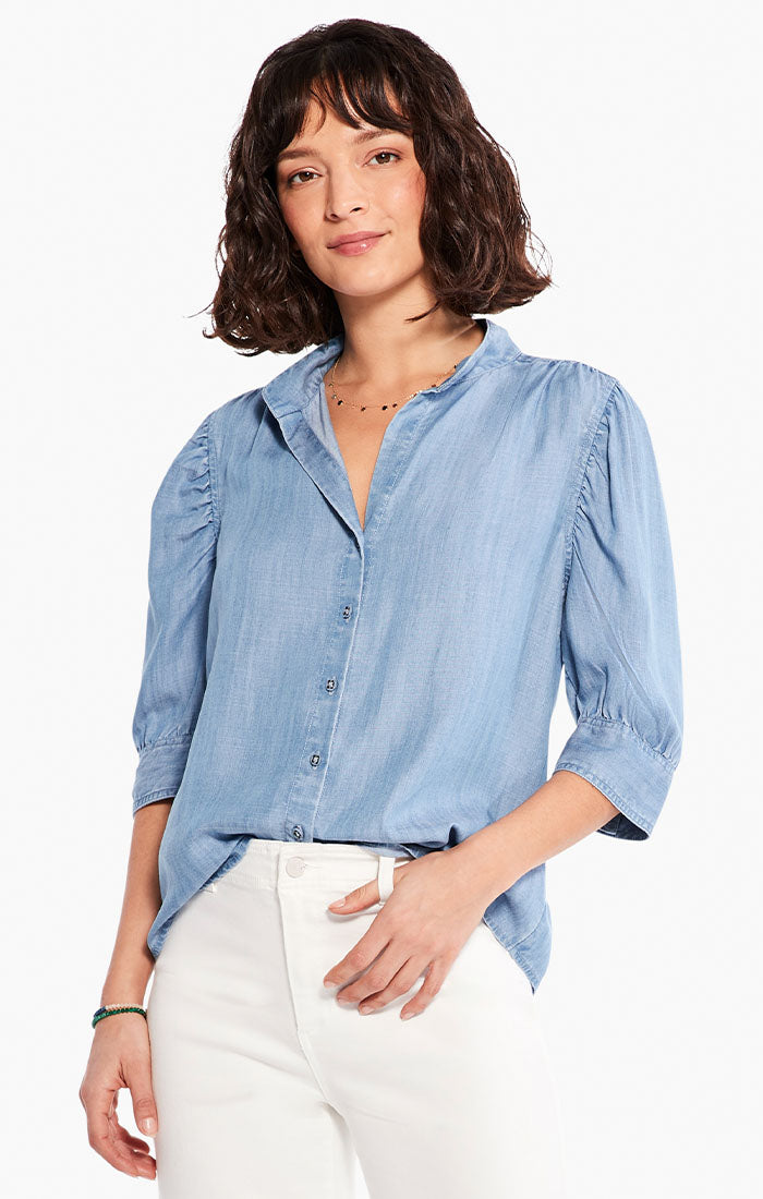 Puff-Sleeve Tencel Button-Up Shirt - Light Wash