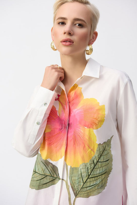 JOSEPH RIBKOFF EMBROIDERED FLOWER COTTON SHIRT