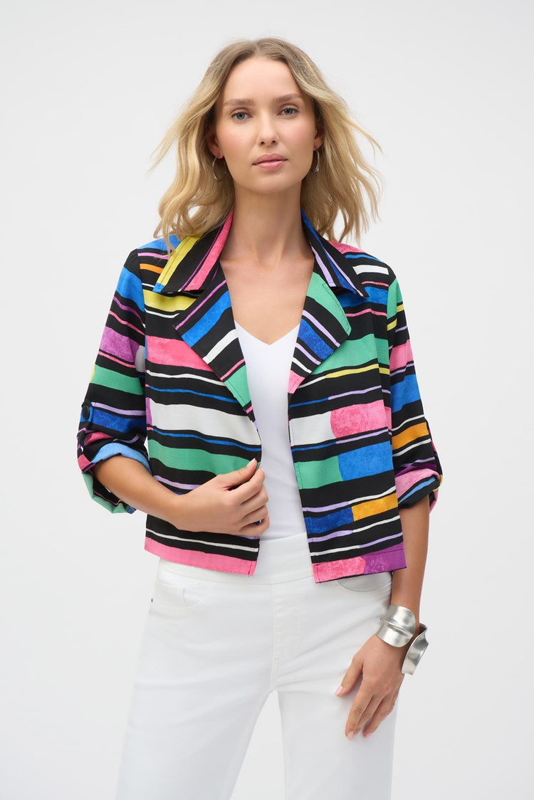 JOSEPH RIBKOFF GAUZE STRIPE PRINT SHORT BOXY BLAZER