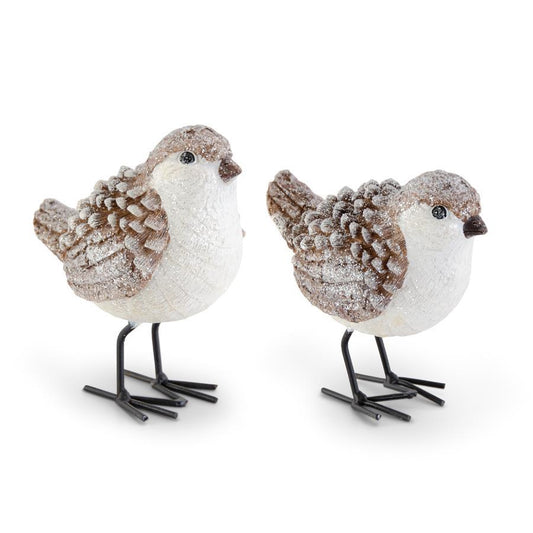 BROWN AND WHITE GLITTERED WOOD GRAIN PINECONE BIRDS