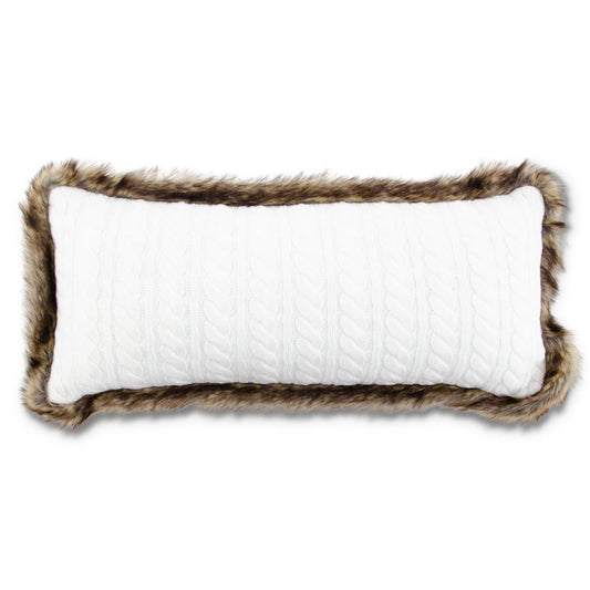 12" x 22" WHITE CABLE KNIT RECTANGULAR PILLOW WITH BROWN FUR TRIM