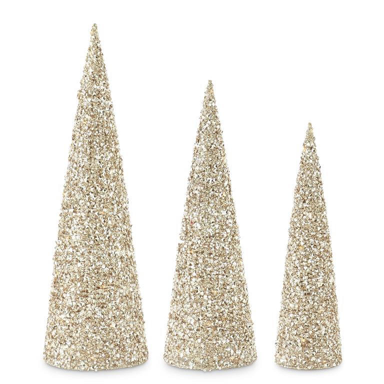 24" CHAMPAGNE SEQUINS & BEAD EMBELLISHED LED CONE TREE