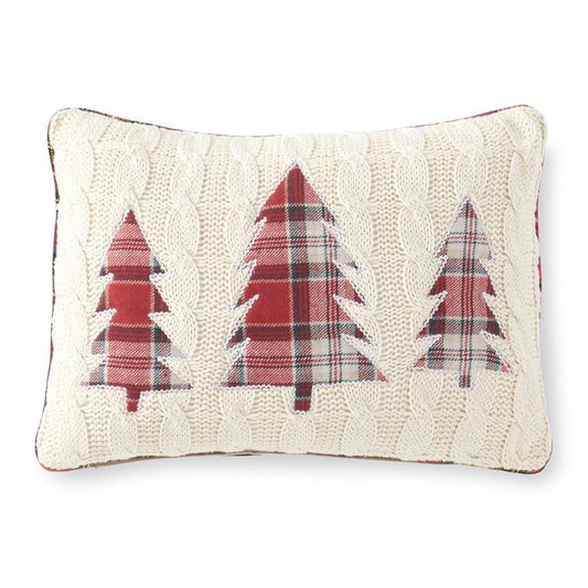 14" x 20" CREAM CABLE KNIT PILLOW WITH THREE PLAID TREES AND PIPING