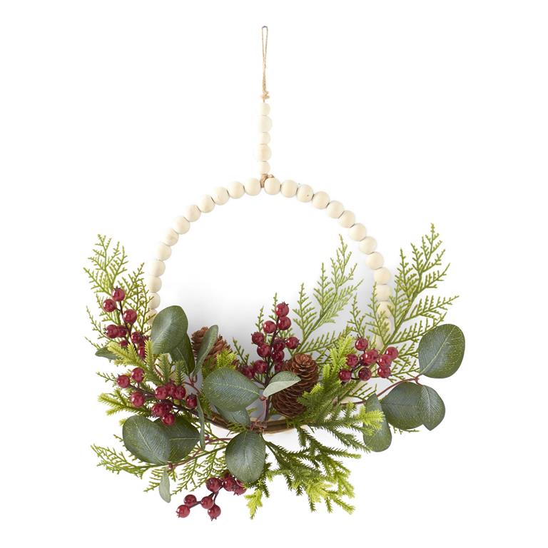 15" EUCALYPTUS PINE & RED BERRY BEAD WREATH WITH JUTE HANGER