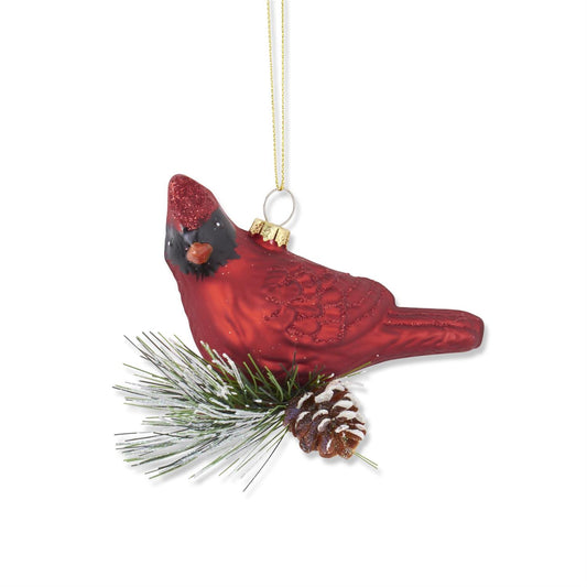 3.5" RED GLITTERED BLOWN GLASS CARDINAL ORNAMENT WITH PINE