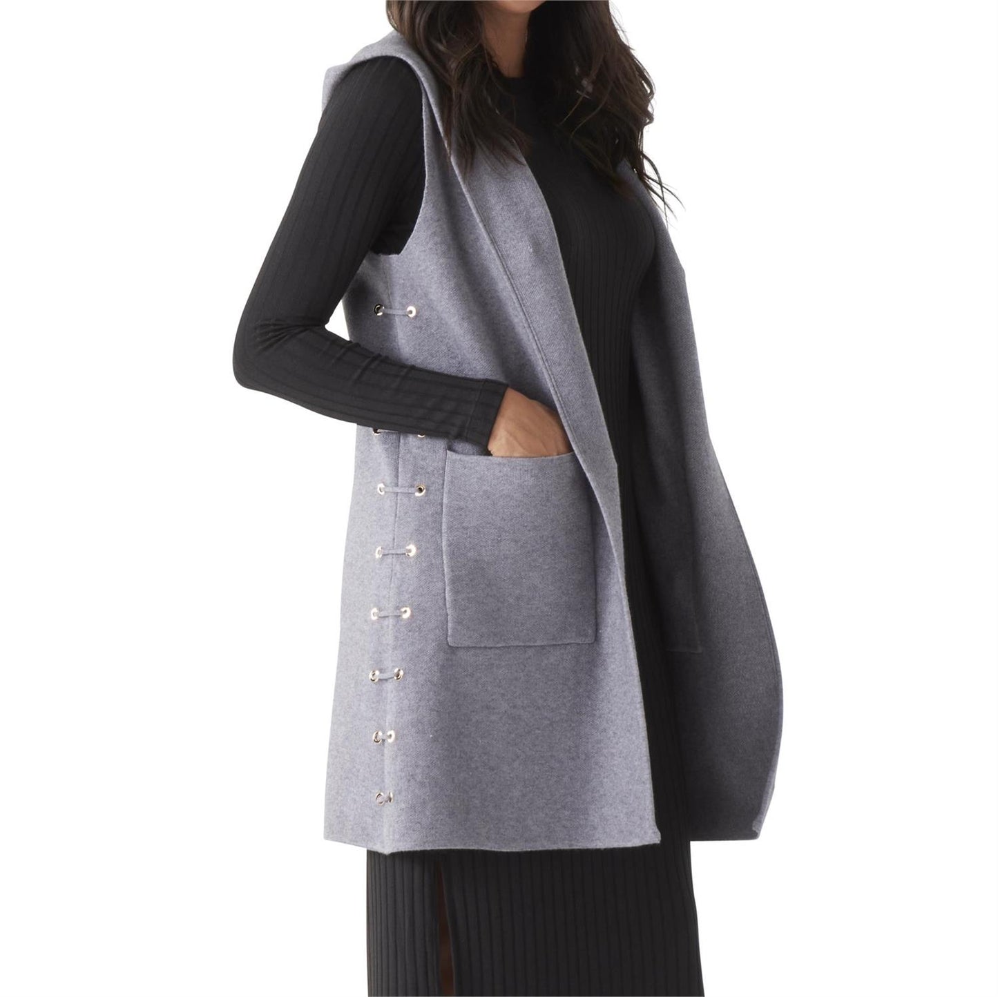 GRAY KNIT HOODED VEST WITH SIDE LACED GROMMETS