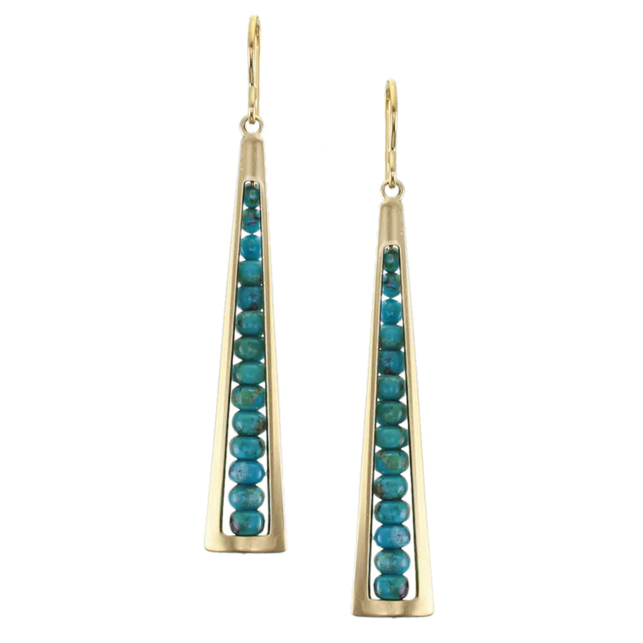 MARJORIE BAER LONG CUTOUT WITH TURQUOISE BEAD STACK WIRE EARRINGS