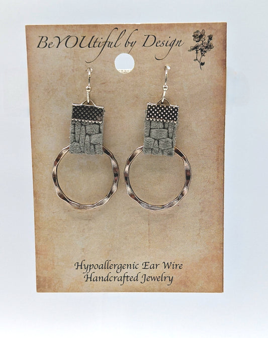 RING GREY LEATHER DANGLE EARRINGS