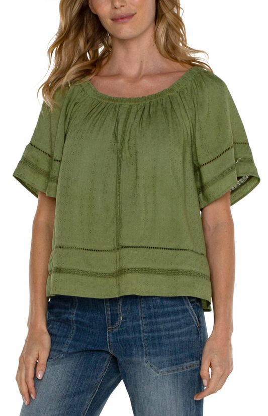 LIVERPOOL CROPPED BELL SLEEVE WOVEN TOP WITH LACE TRIM