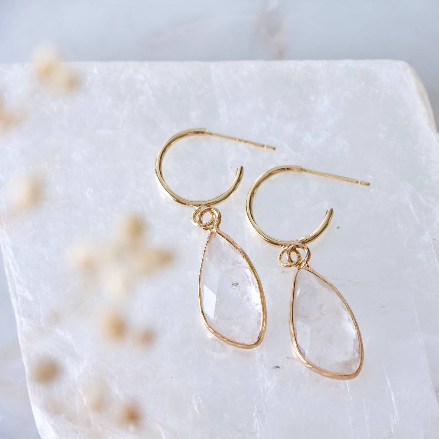 FACETED QUARTZ HOOP DANGLE EARRINGS