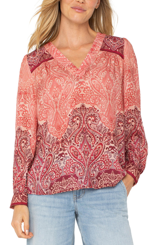 LIVERPOOL LONG SLEEVE V-NECK POPOVER WOVEN BLOUSE