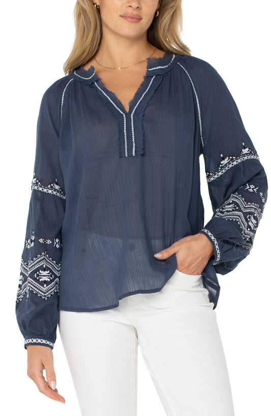 LIVERPOOL LONG SLEEVE RAGLAN WOVEN BLOUSE WITH EMBROIDERY