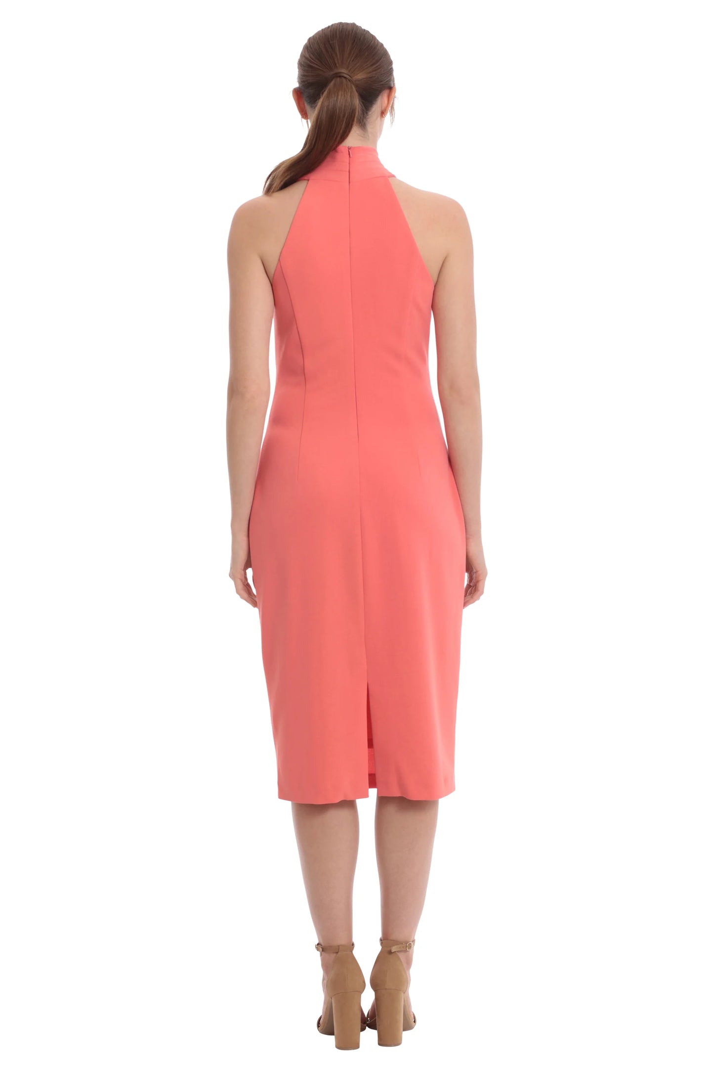 LONDON TIMES PLEATED WRAP HALTER NECK SHEATH DRESS