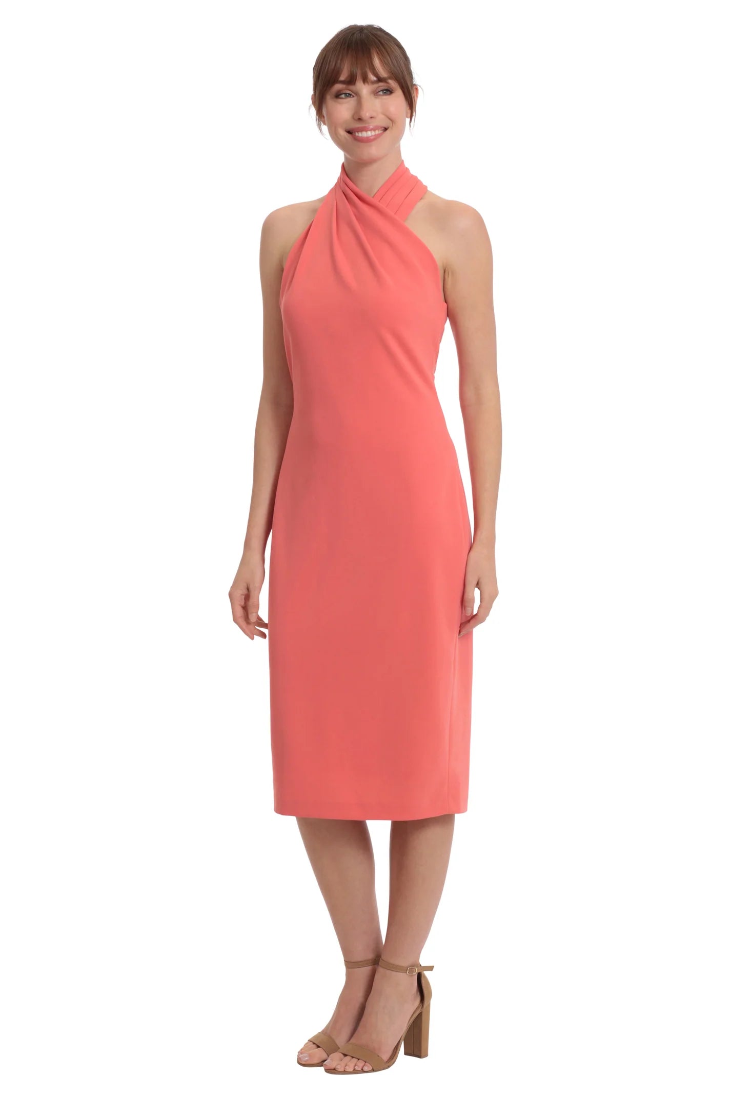 LONDON TIMES PLEATED WRAP HALTER NECK SHEATH DRESS