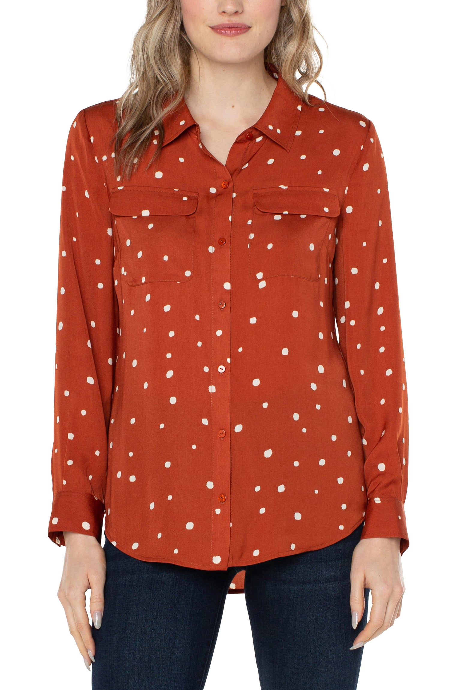 Red women's shirt with white polka dots, Shirts